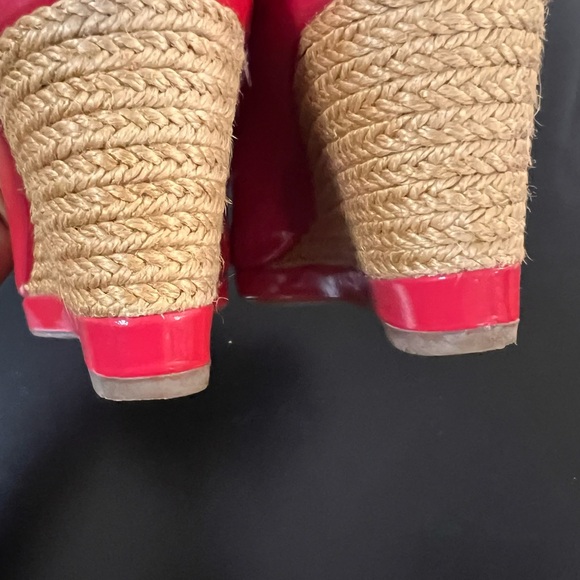 Prada Red Wedges Size 38 Red Patent Leather Peep Toe Espadrilles Made In Italy - Picture 3 of 14
